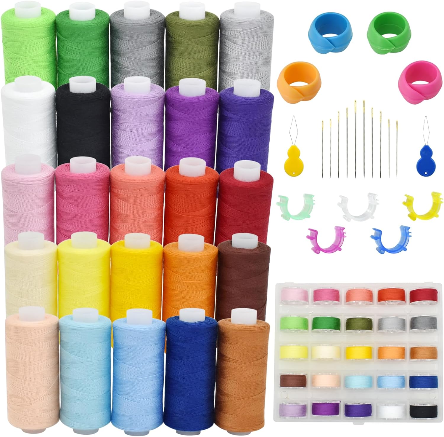BDS-HOME 50pcs 25 Colors Sewing Thread Set with Matching Bobbins, Spool Organizers, Needles, and Needle Threaders for Hand, Embroidery, Sewing Machines, and DIY Crafts